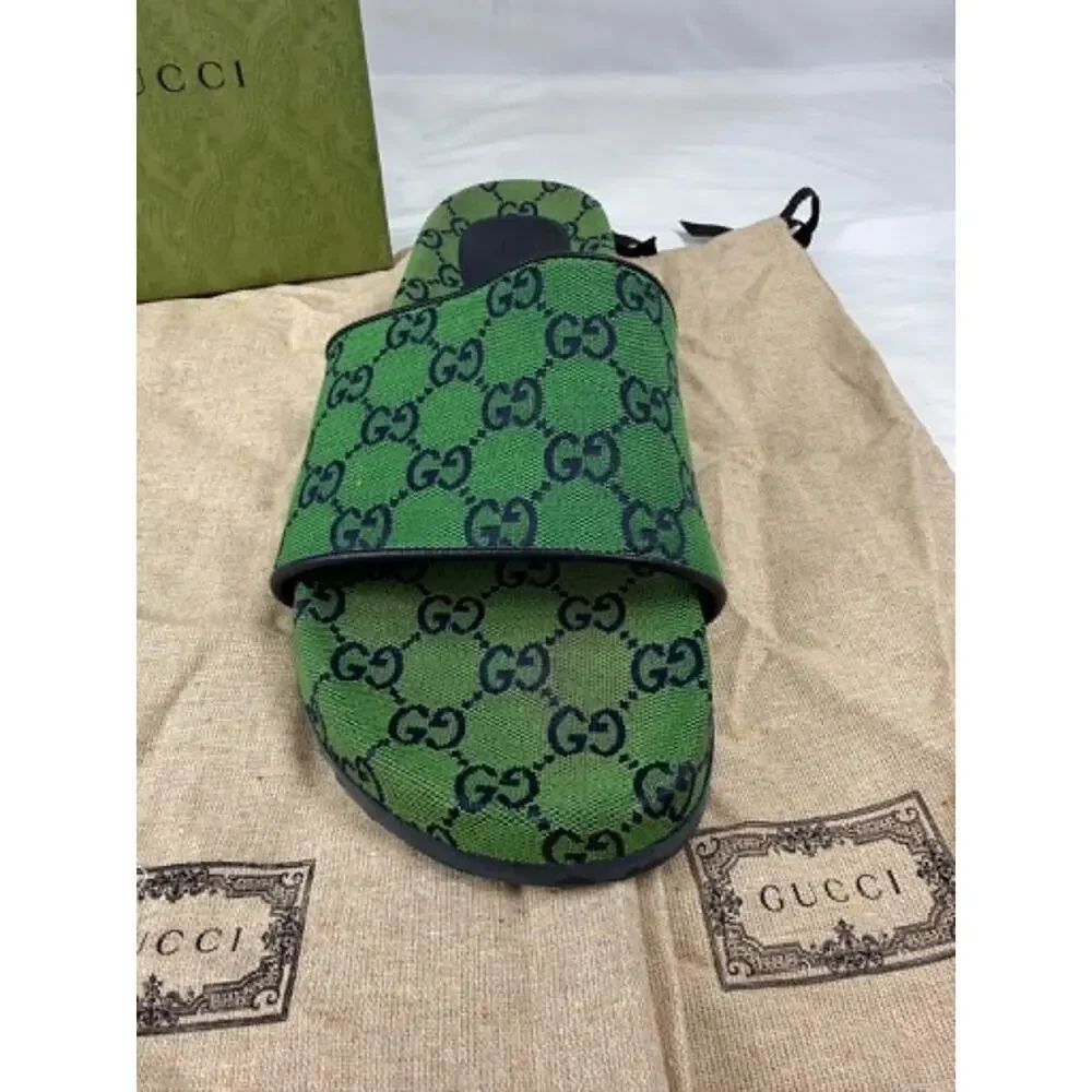 Gucci GG Monogram Sandals 665660 Green Canvas Mens US 9.5 SPB-TS 340692